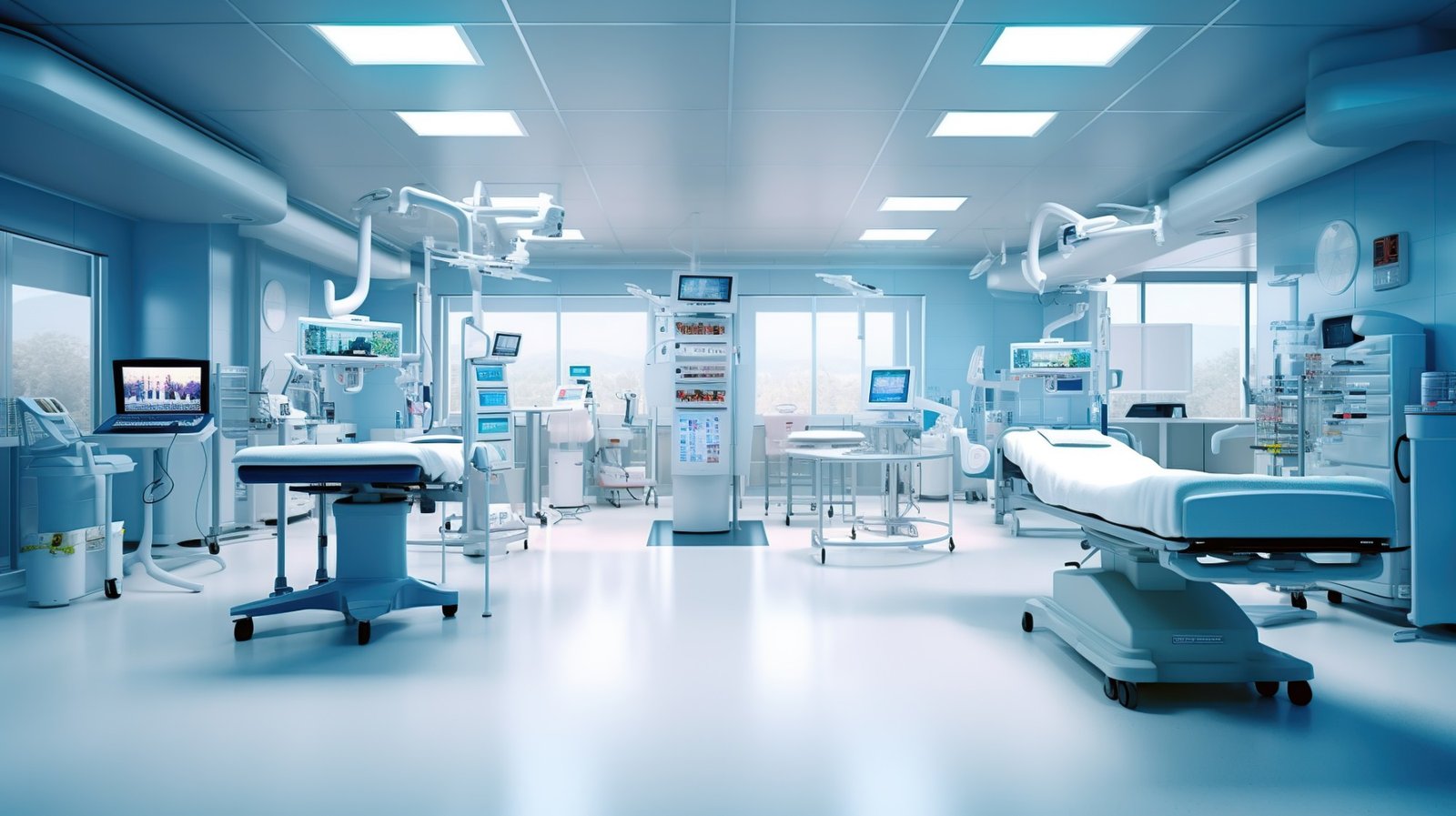 Modern hospital room with medical technology and monitoring equipment