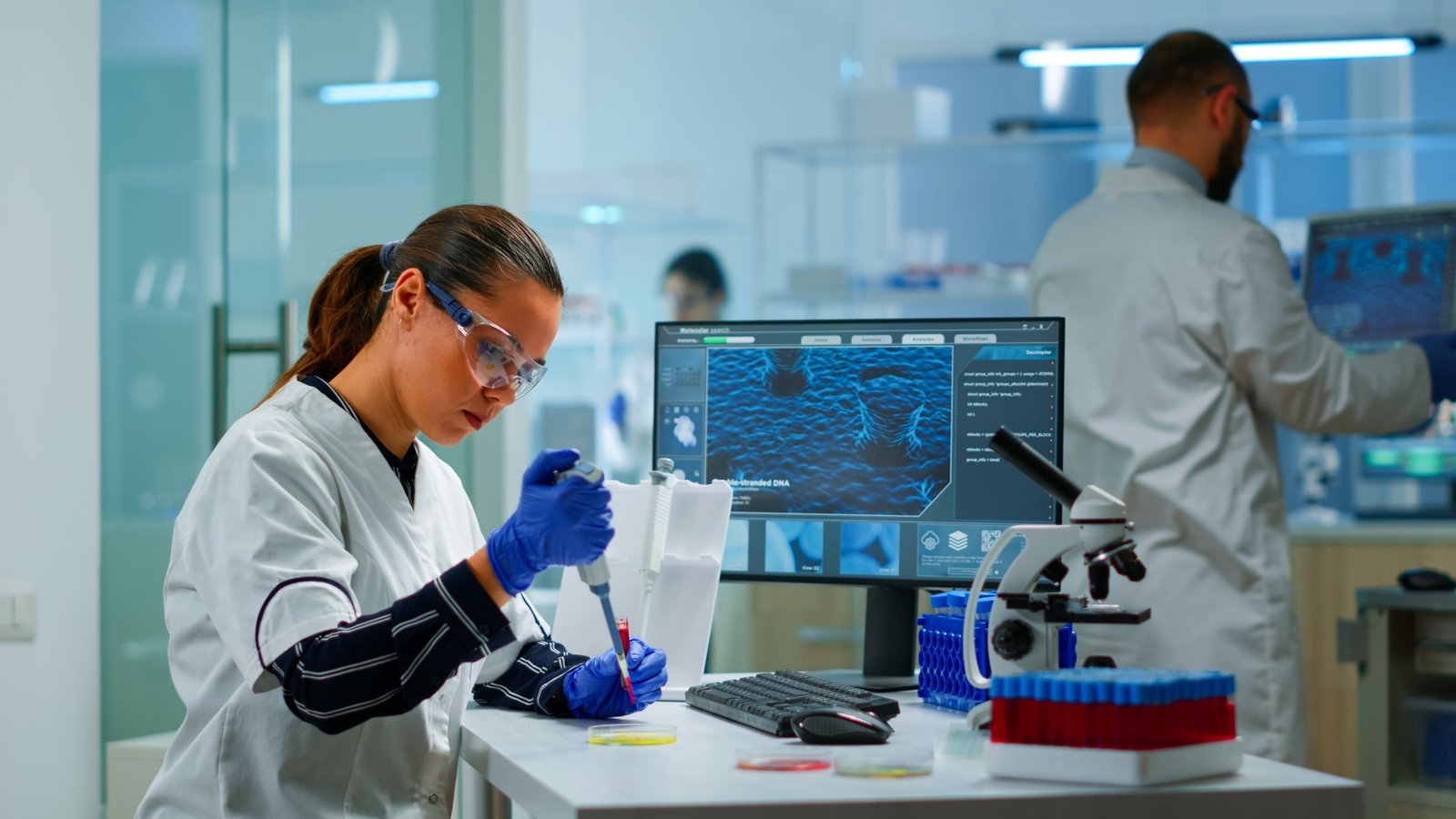 Scientist working with samples and data in a modern laboratory